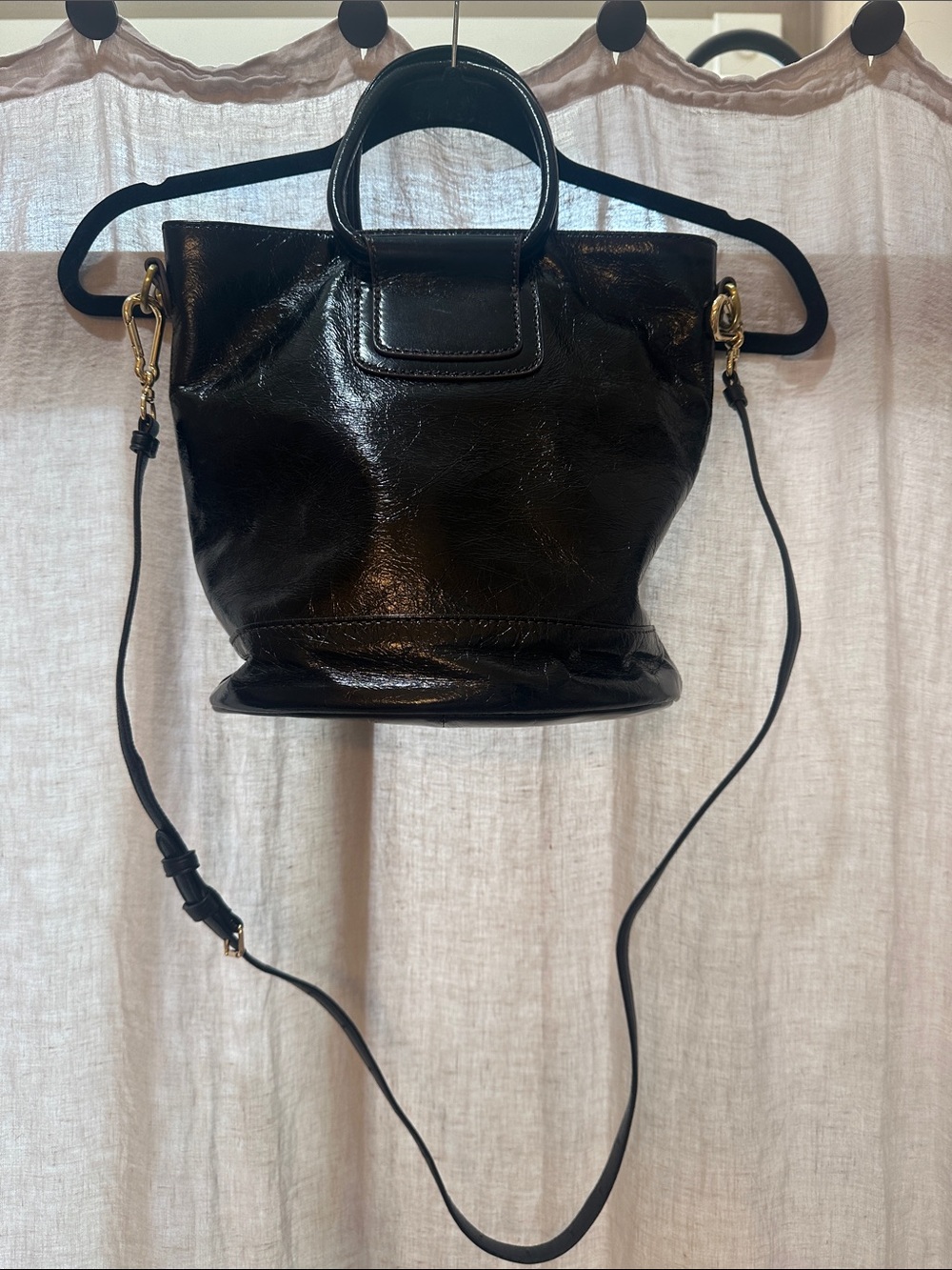 HOBO Black Patent Leather Shoulder Bag with Detachable Strap